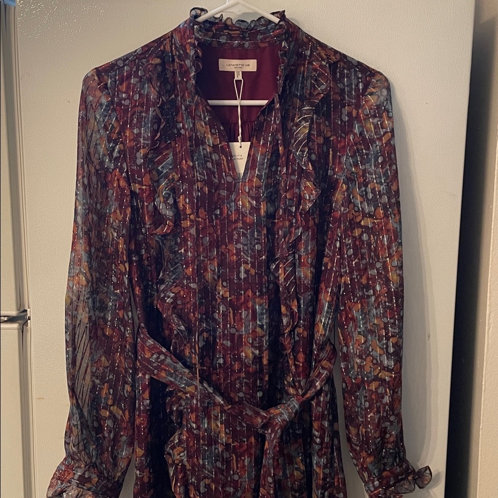 Lafayette 148 XS NWT Antique Ruby Multi Long Sleeve Maximalist Renaissance Dress - Picture 2 of 12